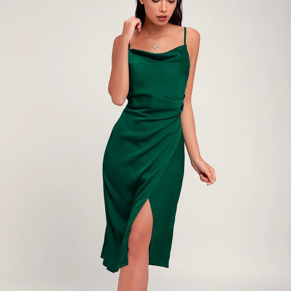 Lulu's Hollywood Woman Forest Green Satin Midi Dress